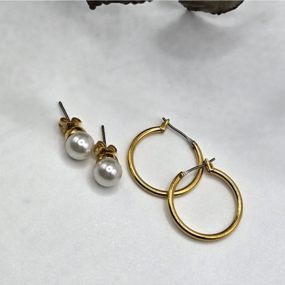 "5/$40" Set of 2 Pairs of Classic Earrings, Goldtone Hoops and Faux Pearl Studs